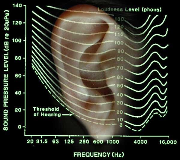 Low and high-pitched sounds appear less loud to the human ear